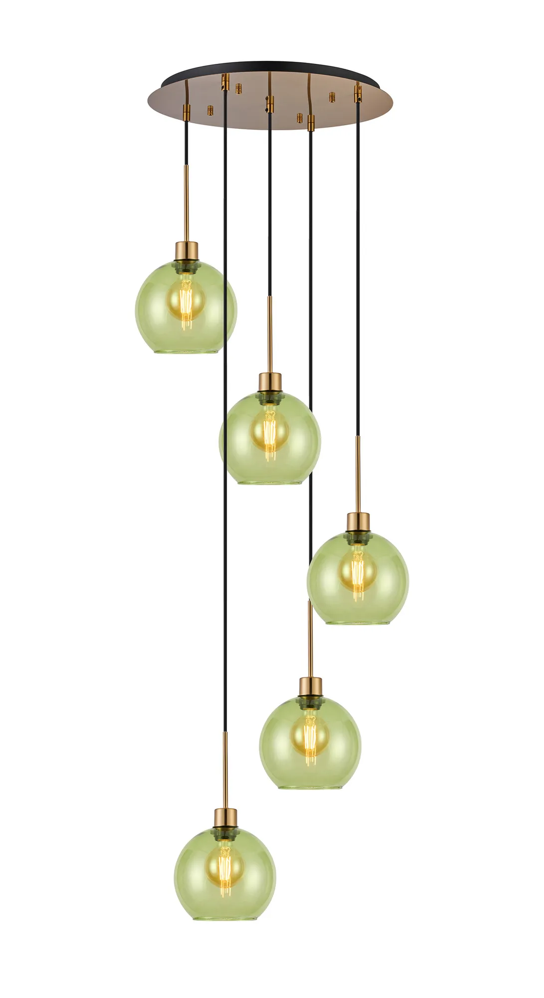 DK1193  Lori 45cm Round Pendant, 5 Light Adjustable E27, Antique Gold/Green Open Mouth Round Globe Shades
